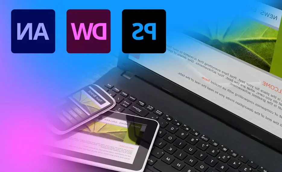 Graphic showcasing a computer and tablet with Adobe program icons